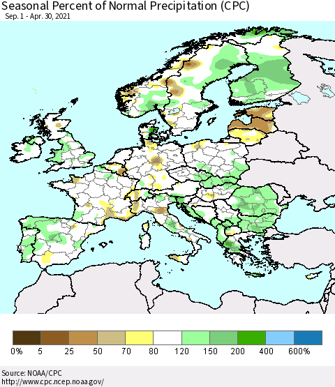 Europe Seasonal Percent of Normal Precipitation (CPC) Thematic Map For 9/1/2020 - 4/30/2021