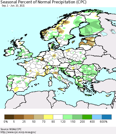 Europe Seasonal Percent of Normal Precipitation (CPC) Thematic Map For 9/1/2020 - 6/10/2021