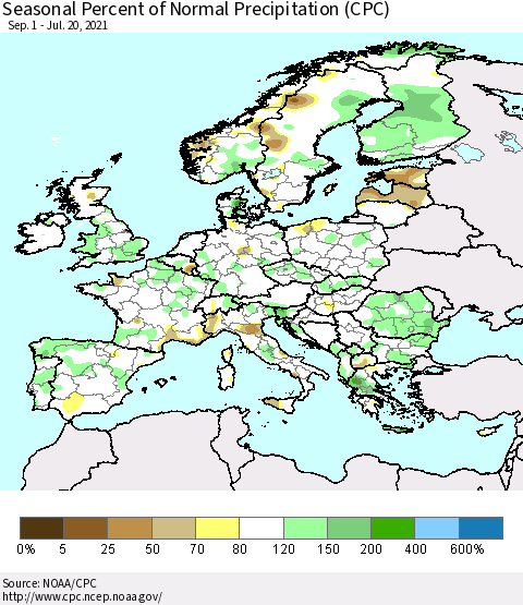 Europe Seasonal Percent of Normal Precipitation (CPC) Thematic Map For 9/1/2020 - 7/20/2021