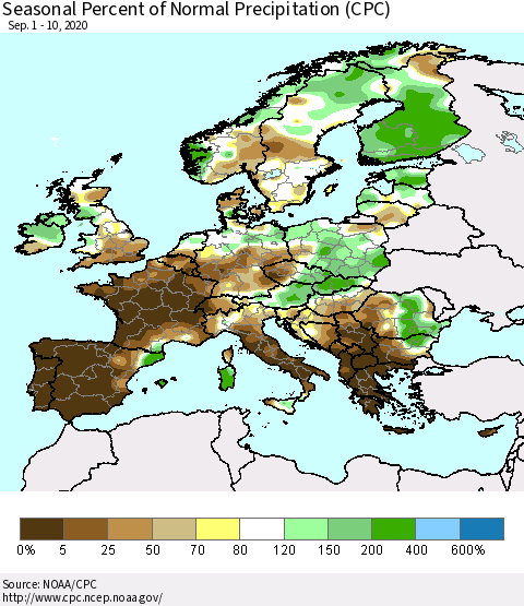 Europe Seasonal Percent of Normal Precipitation (CPC) Thematic Map For 9/1/2020 - 9/10/2020