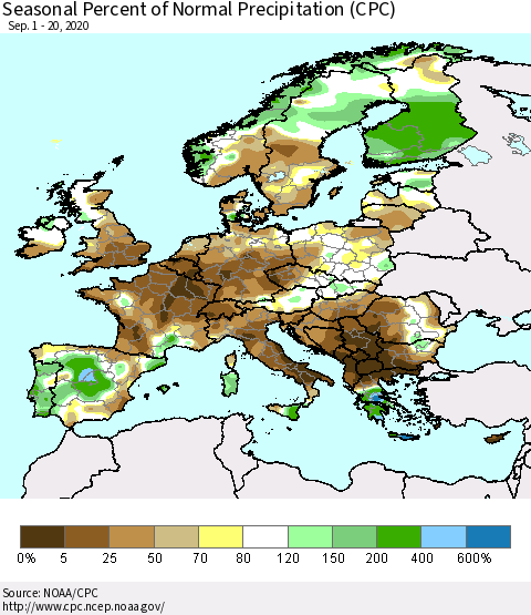 Europe Seasonal Percent of Normal Precipitation (CPC) Thematic Map For 9/1/2020 - 9/20/2020