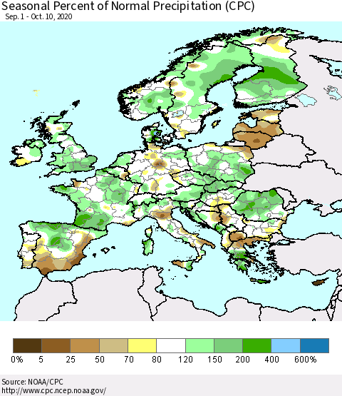 Europe Seasonal Percent of Normal Precipitation (CPC) Thematic Map For 9/1/2020 - 10/10/2020