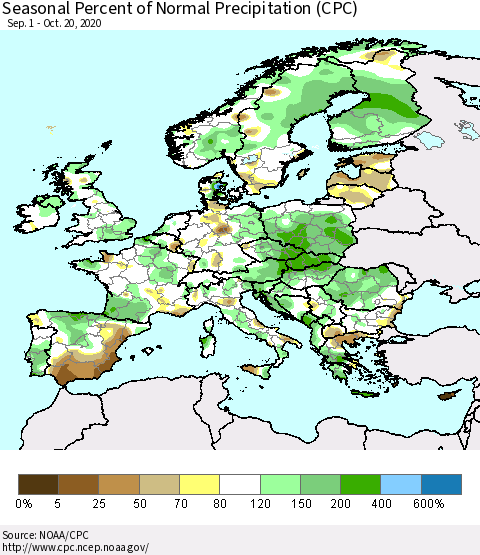 Europe Seasonal Percent of Normal Precipitation (CPC) Thematic Map For 9/1/2020 - 10/20/2020