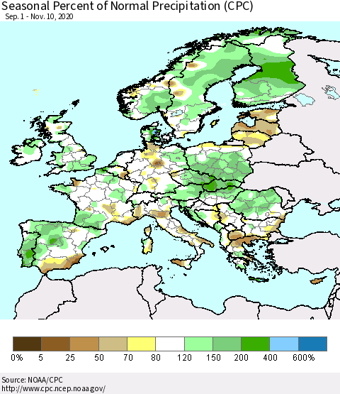 Europe Seasonal Percent of Normal Precipitation (CPC) Thematic Map For 9/1/2020 - 11/10/2020