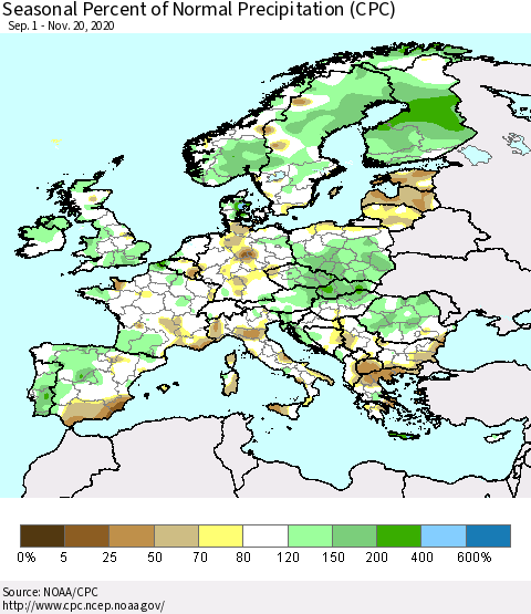 Europe Seasonal Percent of Normal Precipitation (CPC) Thematic Map For 9/1/2020 - 11/20/2020