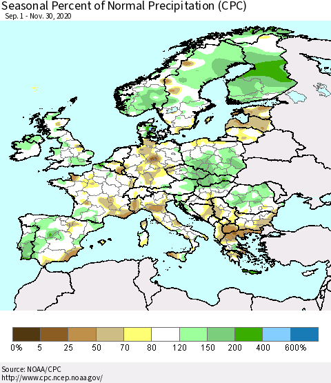 Europe Seasonal Percent of Normal Precipitation (CPC) Thematic Map For 9/1/2020 - 11/30/2020