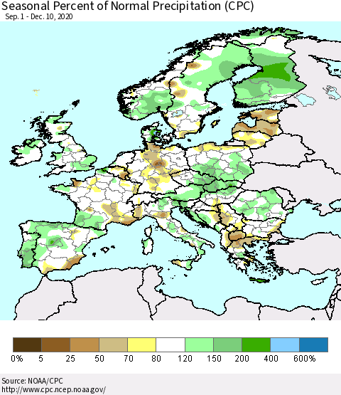 Europe Seasonal Percent of Normal Precipitation (CPC) Thematic Map For 9/1/2020 - 12/10/2020