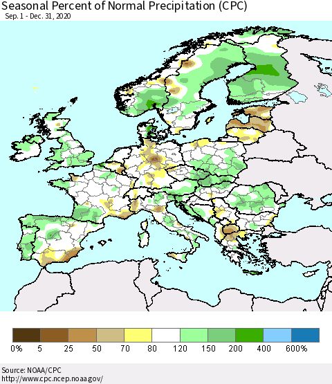 Europe Seasonal Percent of Normal Precipitation (CPC) Thematic Map For 9/1/2020 - 12/31/2020