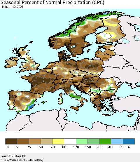 Europe Seasonal Percent of Normal Precipitation (CPC) Thematic Map For 3/1/2021 - 3/10/2021