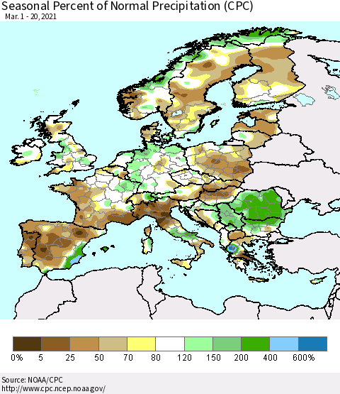 Europe Seasonal Percent of Normal Precipitation (CPC) Thematic Map For 3/1/2021 - 3/20/2021