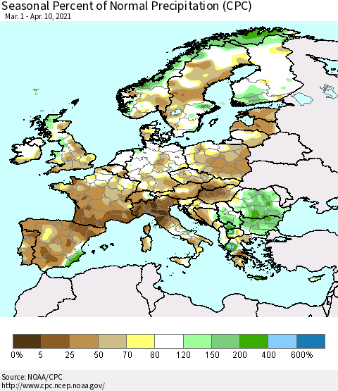 Europe Seasonal Percent of Normal Precipitation (CPC) Thematic Map For 3/1/2021 - 4/10/2021