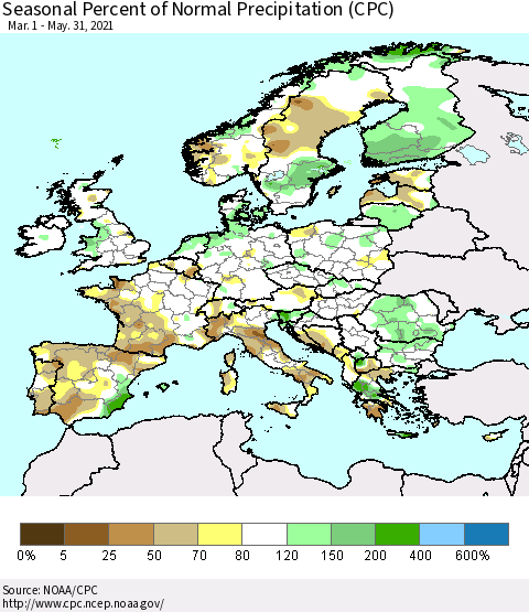 Europe Seasonal Percent of Normal Precipitation (CPC) Thematic Map For 3/1/2021 - 5/31/2021