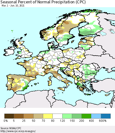 Europe Seasonal Percent of Normal Precipitation (CPC) Thematic Map For 3/1/2021 - 6/10/2021