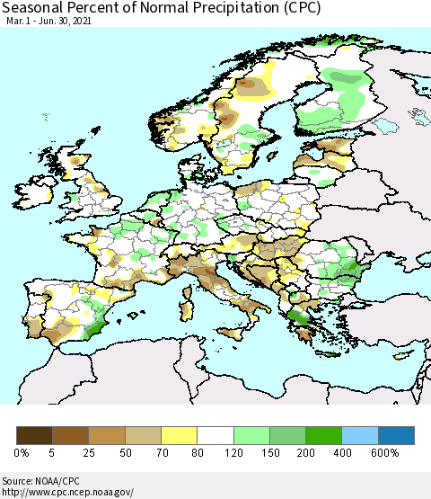 Europe Seasonal Percent of Normal Precipitation (CPC) Thematic Map For 3/1/2021 - 6/30/2021