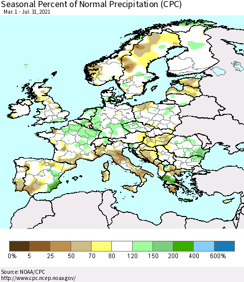 Europe Seasonal Percent of Normal Precipitation (CPC) Thematic Map For 3/1/2021 - 7/31/2021