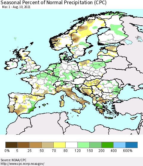 Europe Seasonal Percent of Normal Precipitation (CPC) Thematic Map For 3/1/2021 - 8/10/2021
