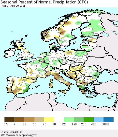 Europe Seasonal Percent of Normal Precipitation (CPC) Thematic Map For 3/1/2021 - 8/20/2021