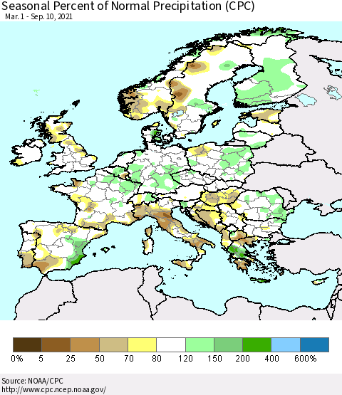 Europe Seasonal Percent of Normal Precipitation (CPC) Thematic Map For 3/1/2021 - 9/10/2021