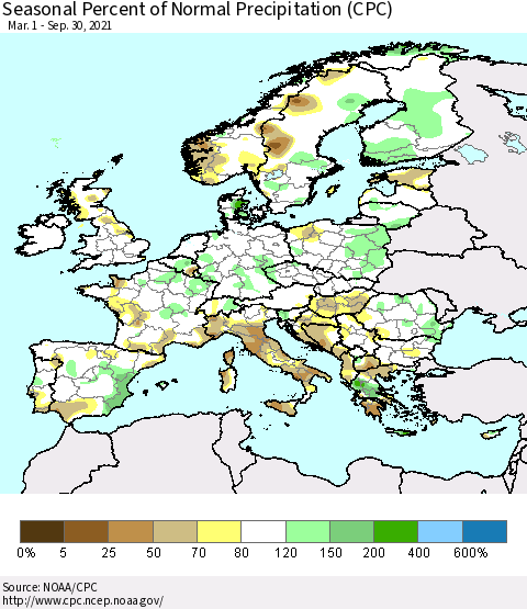 Europe Seasonal Percent of Normal Precipitation (CPC) Thematic Map For 3/1/2021 - 9/30/2021