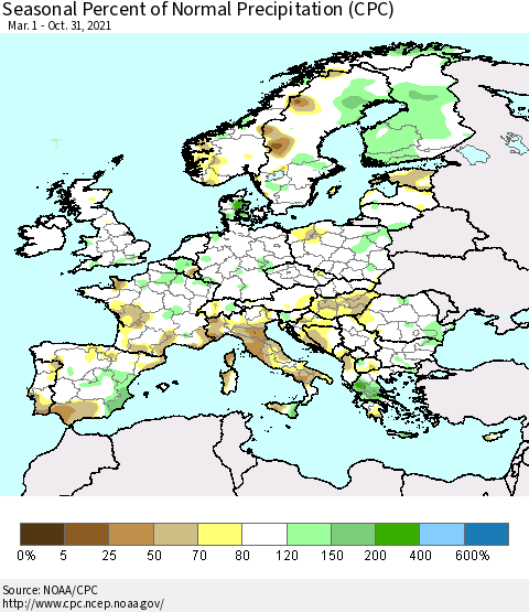 Europe Seasonal Percent of Normal Precipitation (CPC) Thematic Map For 3/1/2021 - 10/31/2021