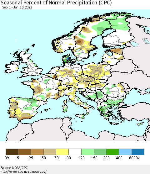 Europe Seasonal Percent of Normal Precipitation (CPC) Thematic Map For 9/1/2021 - 1/10/2022