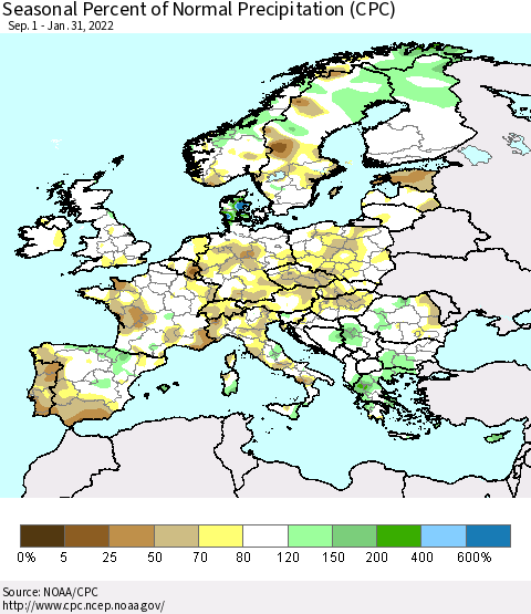Europe Seasonal Percent of Normal Precipitation (CPC) Thematic Map For 9/1/2021 - 1/31/2022