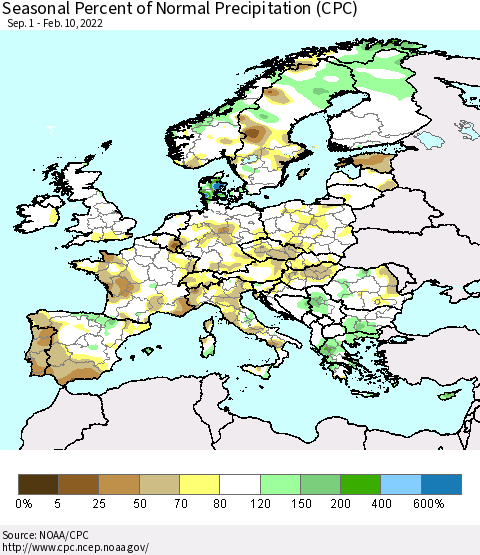 Europe Seasonal Percent of Normal Precipitation (CPC) Thematic Map For 9/1/2021 - 2/10/2022
