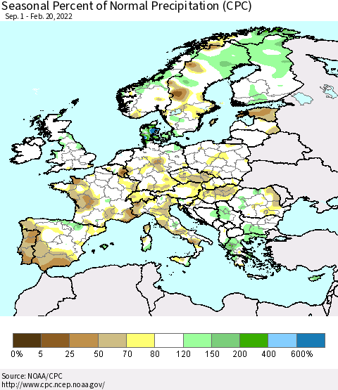 Europe Seasonal Percent of Normal Precipitation (CPC) Thematic Map For 9/1/2021 - 2/20/2022