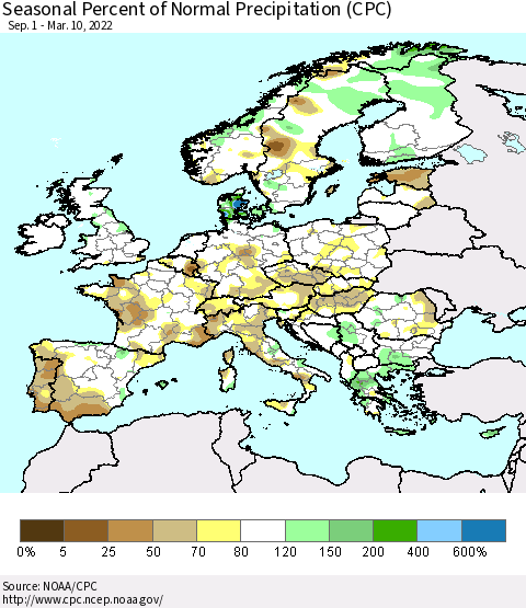 Europe Seasonal Percent of Normal Precipitation (CPC) Thematic Map For 9/1/2021 - 3/10/2022