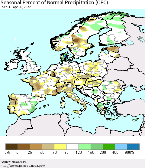 Europe Seasonal Percent of Normal Precipitation (CPC) Thematic Map For 9/1/2021 - 4/30/2022