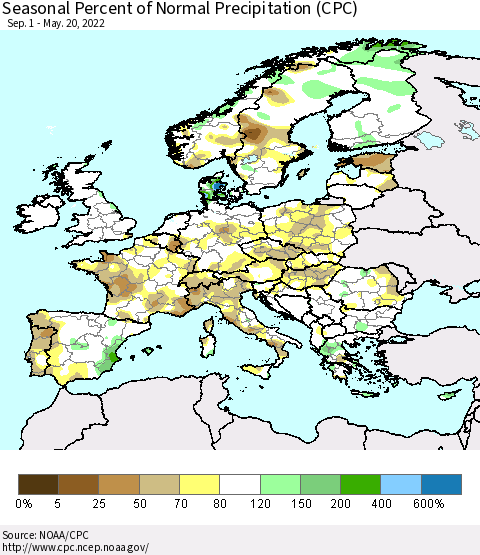 Europe Seasonal Percent of Normal Precipitation (CPC) Thematic Map For 9/1/2021 - 5/20/2022