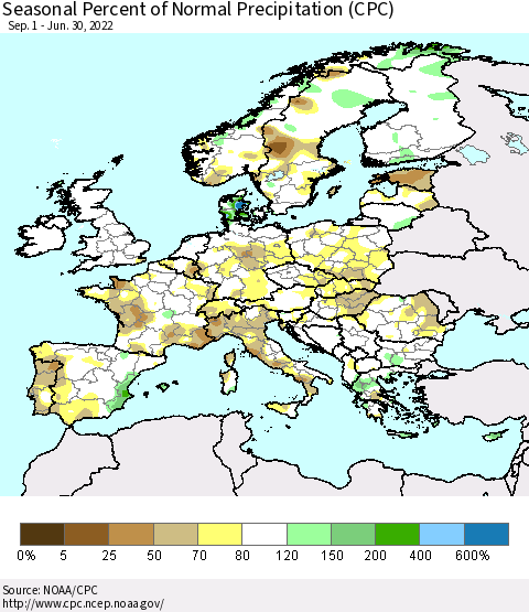 Europe Seasonal Percent of Normal Precipitation (CPC) Thematic Map For 9/1/2021 - 6/30/2022