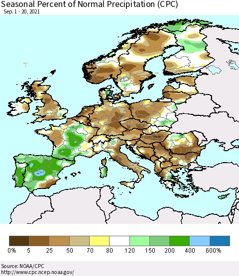 Europe Seasonal Percent of Normal Precipitation (CPC) Thematic Map For 9/1/2021 - 9/20/2021
