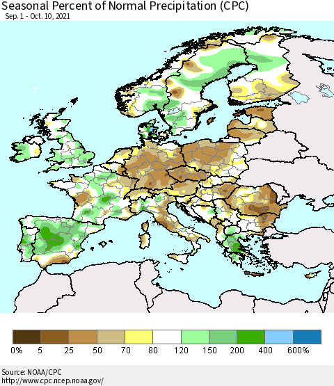 Europe Seasonal Percent of Normal Precipitation (CPC) Thematic Map For 9/1/2021 - 10/10/2021
