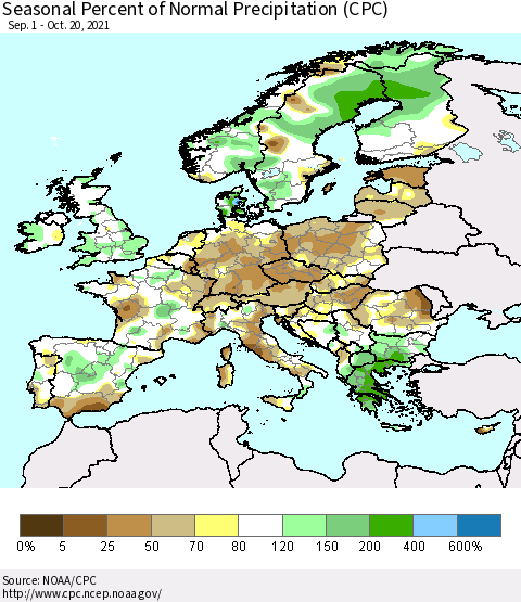Europe Seasonal Percent of Normal Precipitation (CPC) Thematic Map For 9/1/2021 - 10/20/2021