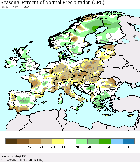 Europe Seasonal Percent of Normal Precipitation (CPC) Thematic Map For 9/1/2021 - 11/10/2021