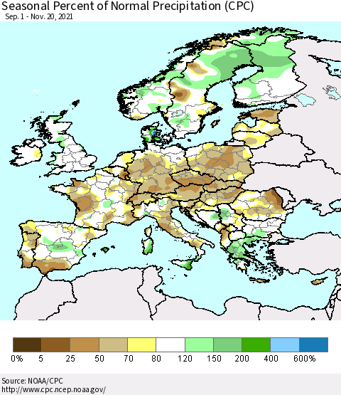 Europe Seasonal Percent of Normal Precipitation (CPC) Thematic Map For 9/1/2021 - 11/20/2021