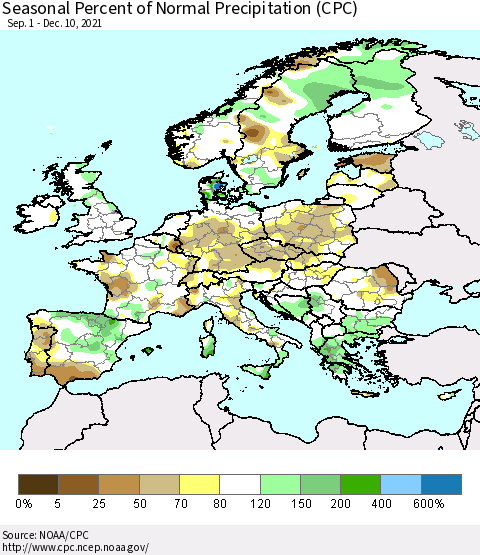 Europe Seasonal Percent of Normal Precipitation (CPC) Thematic Map For 9/1/2021 - 12/10/2021
