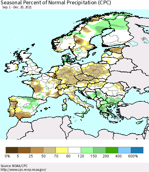 Europe Seasonal Percent of Normal Precipitation (CPC) Thematic Map For 9/1/2021 - 12/20/2021