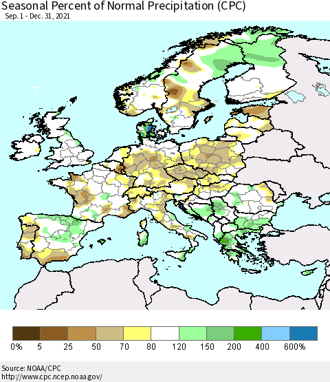 Europe Seasonal Percent of Normal Precipitation (CPC) Thematic Map For 9/1/2021 - 12/31/2021