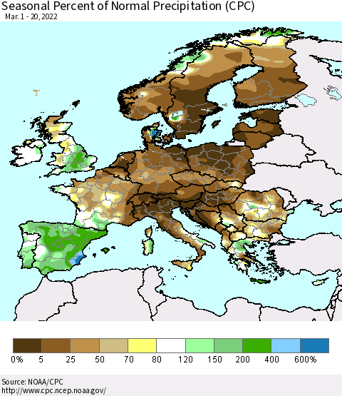 Europe Seasonal Percent of Normal Precipitation (CPC) Thematic Map For 3/1/2022 - 3/20/2022