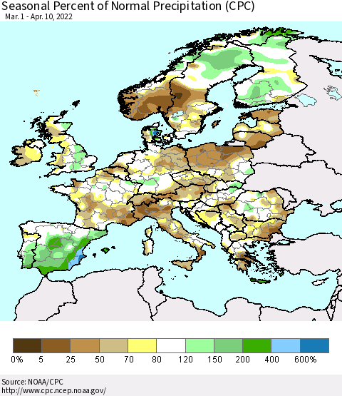 Europe Seasonal Percent of Normal Precipitation (CPC) Thematic Map For 3/1/2022 - 4/10/2022
