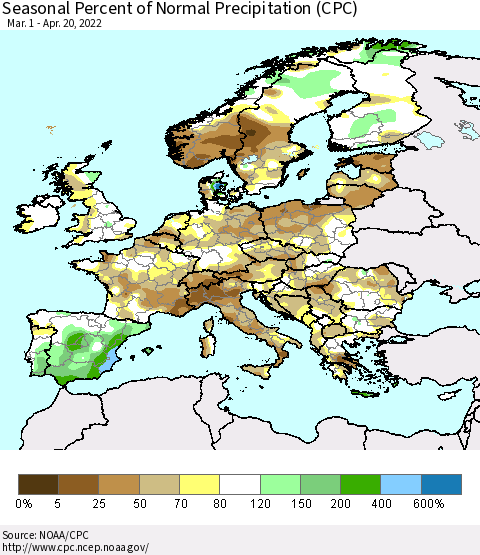 Europe Seasonal Percent of Normal Precipitation (CPC) Thematic Map For 3/1/2022 - 4/20/2022