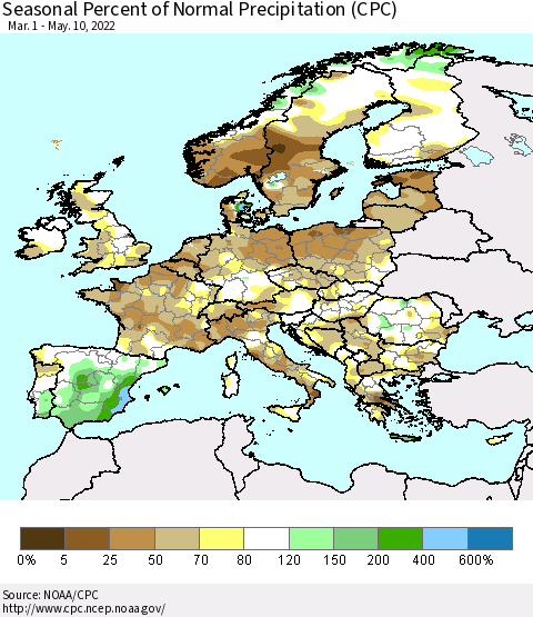Europe Seasonal Percent of Normal Precipitation (CPC) Thematic Map For 3/1/2022 - 5/10/2022