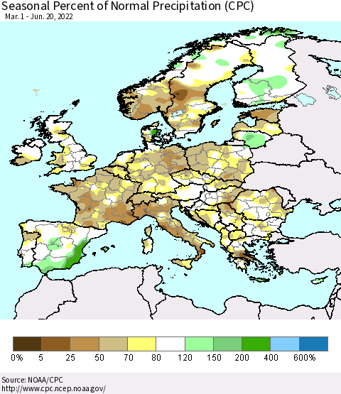 Europe Seasonal Percent of Normal Precipitation (CPC) Thematic Map For 3/1/2022 - 6/20/2022