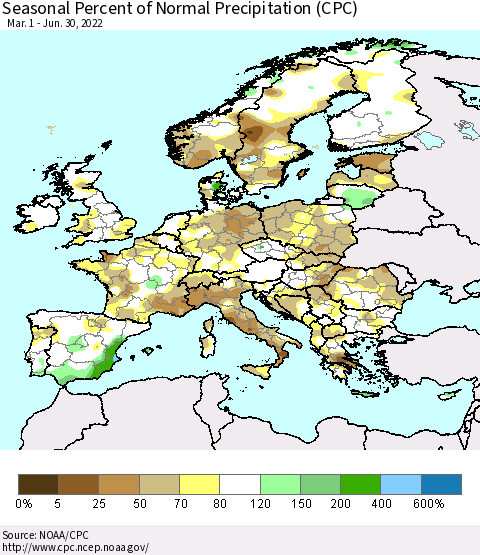 Europe Seasonal Percent of Normal Precipitation (CPC) Thematic Map For 3/1/2022 - 6/30/2022