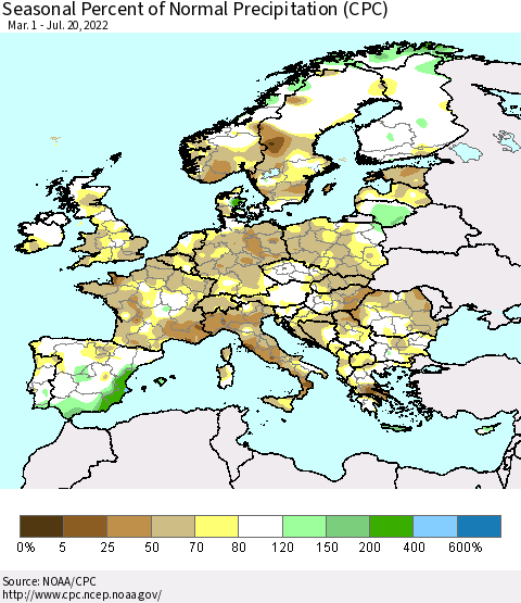 Europe Seasonal Percent of Normal Precipitation (CPC) Thematic Map For 3/1/2022 - 7/20/2022