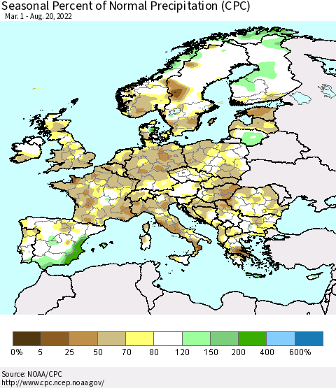 Europe Seasonal Percent of Normal Precipitation (CPC) Thematic Map For 3/1/2022 - 8/20/2022