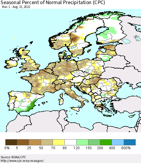Europe Seasonal Percent of Normal Precipitation (CPC) Thematic Map For 3/1/2022 - 8/31/2022