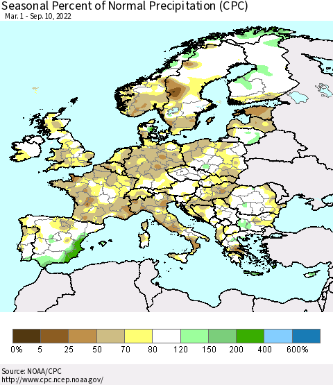 Europe Seasonal Percent of Normal Precipitation (CPC) Thematic Map For 3/1/2022 - 9/10/2022